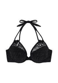 Svart spets-bikini-bra med triangulär form, justerbara knytband, strukturerat mönster och detaljerad underwire-stöd.