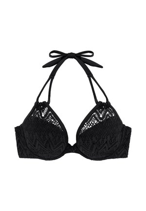 Černá krajková bikiny podprsenka s trojúhelníkovým tvarem, nastavitelné tie ramínka, texturovaný vzor a detaily s kosticemi pro podporu.