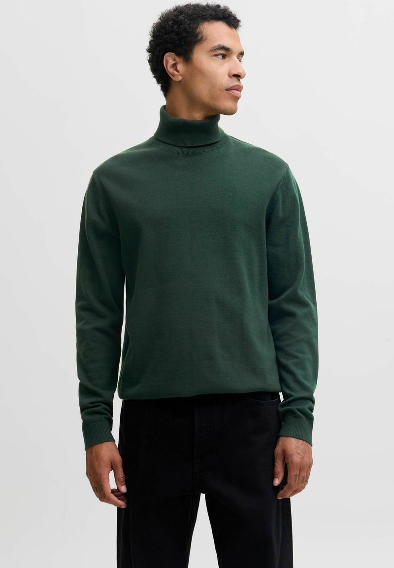 Homme portant un pull à col roulé vert foncé et un pantalon noir, regardant vers la droite sur un fond gris clair.