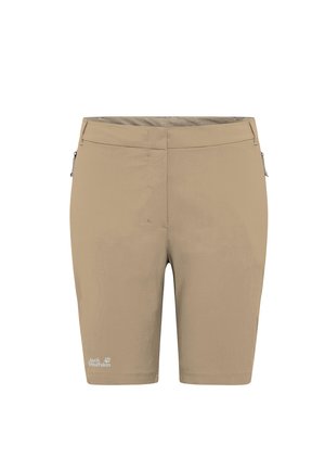 Shorts d'extérieur beige en tissu léger, dotés d'une poche zippée et d'un logo près de l'ourlet, avec une coupe ajustée et une texture lisse.