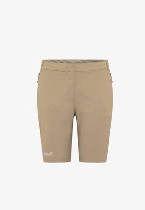 Shorts d'extérieur beige en tissu léger, dotés d'une poche zippée et d'un logo près de l'ourlet, avec une coupe ajustée et une texture lisse.