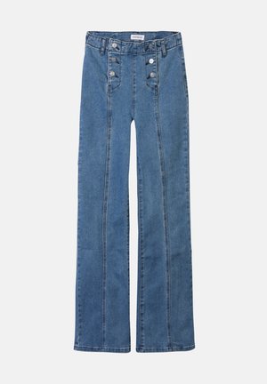 High-waisted blue denim pants with wide legs, featuring five buttons at the front, contrasting stitching, and side seams for added detail.