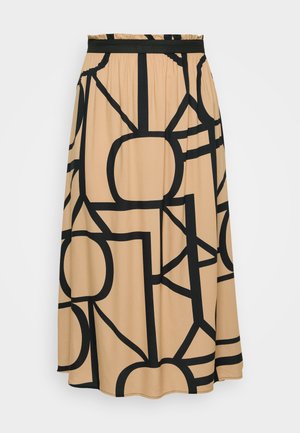 Μια μακριά μπεζ φούστα με μαύρο γεωμετρικό σχέδιο. Διαθέτει ελαστική μέση και λεία υφή υφάσματος. Στρογγυλεμένο τελείωμα στο κάτω μέρος.