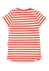 Red and cream striped short-sleeve T-shirt, featuring a rounded neckline and a slightly curved hem. Made from soft cotton fabric.
