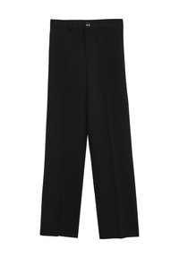 Pantaloni neri con una vestibilità dritta, dotati di una chiusura a un bottone, due pieghe frontali e una texture liscia.