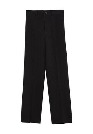 Schwarze Hosen mit geradem Bein, ausgestattet mit einem einzelnen Knopfverschluss, zwei vorderen Falten und einer glatten Textur.