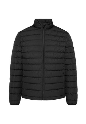 Black puffer jacket with a high collar, zip front closure, and horizontal quilted design. Smooth material with no visible logos or patterns.