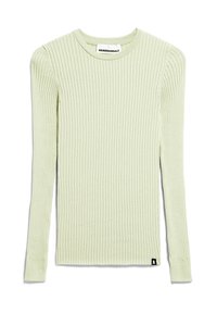 Prążkowana bluzka z długim rękawem w jasnym zielonym kolorze, z okrągłym dekoltem, teksturowanym materiałem, dopasowanym krojem oraz małą czarną metką na dolnym lewym boku.