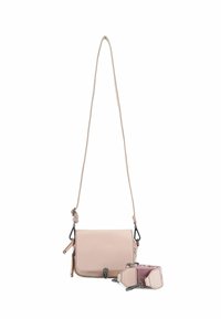 Borsa a tracolla rosa chiaro realizzata in pelle liscia, con chiusura a patta, tracolla regolabile e dettagli hardware decorativi.