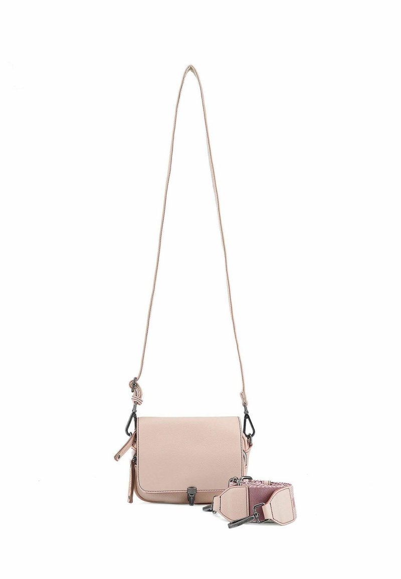 Borsa a tracolla rosa chiaro realizzata in pelle liscia, con chiusura a patta, tracolla regolabile e dettagli hardware decorativi.