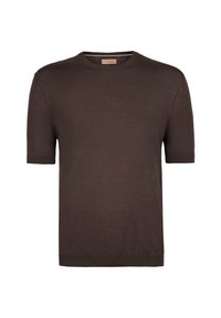 Brązowy sweter z krótkim rękawem, dziany, z okrągłym dekoltem i ściągaczami przy rękawach. Gładka tekstura, lekkie materiały.