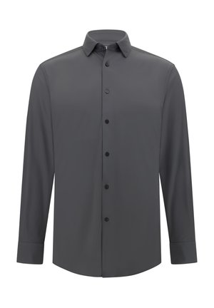 Chemise à manches longues pour homme, gris foncé, boutonnée à l'avant, col pointu, tissu doux, poignet standard, sans motifs ni accents supplémentaires.