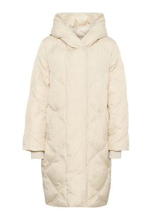 Puffy, knee-length coat in cream color, featuring a hood, diagonal quilted texture, and elastic cuffs. Front zipper closure with side pockets.