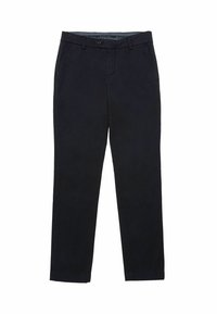 Navyblauwe katoenen broek met een rechte pijpdesign, voorzien van een rits aan de voorkant, knoopsluiting en zijzakken. Zachte textuur.