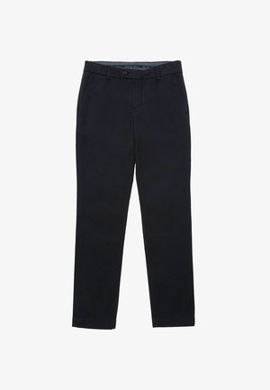 Marineblaue Baumwollhosen mit geradem Bein, ausgestattet mit einem Reißverschluss vorne, Knopfverschluss und Seitentaschen. Weiche Textur.