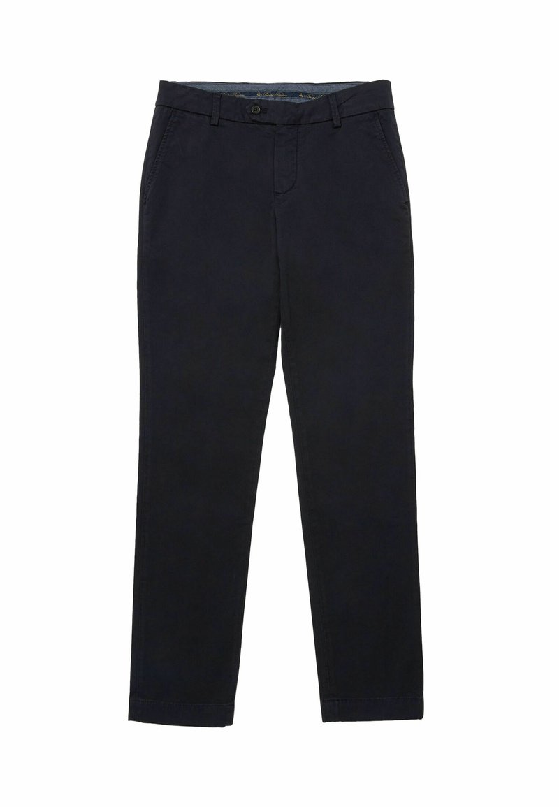 Navyblauwe katoenen broek met een rechte pijpdesign, voorzien van een rits aan de voorkant, knoopsluiting en zijzakken. Zachte textuur.