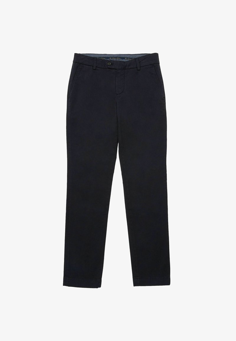 Námořnické modré bavlněné kalhoty s rovnými nohavicemi, se zapínáním na předním zipu, knoflíkovým uzávěrem a bočními kapsami. Jemná textura.