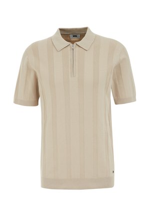 Beige short-sleeve polo shirt with a zip collar, textured vertical stripes, ribbed cuffs, and a subtle logo detail at the hem.