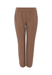 Pantalon en tissu brun tissé avec une taille élastique, coupe fuselée et deux poches avant. Texture lisse et design simple.