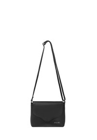 Borsa a tracolla nera in pelle con finitura testurizzata, chiusura a pattina arrotondata e cinghie regolabili. Presenta un logo in rilievo discreto.
