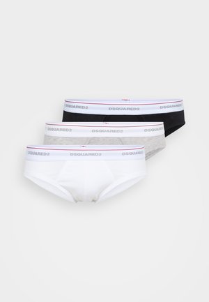 Kolm paari DSQUARED2 meeste aluspükse valges, hallis ja mustas värvitoonis, millel on elastsed vööd logoga ja punane õmblusdetail.