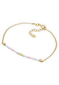 Bracciale in oro con perline multicolori blu, rosa, verde e dettagli dorati, dotato di chiusura a moschettone e lunghezza regolabile.