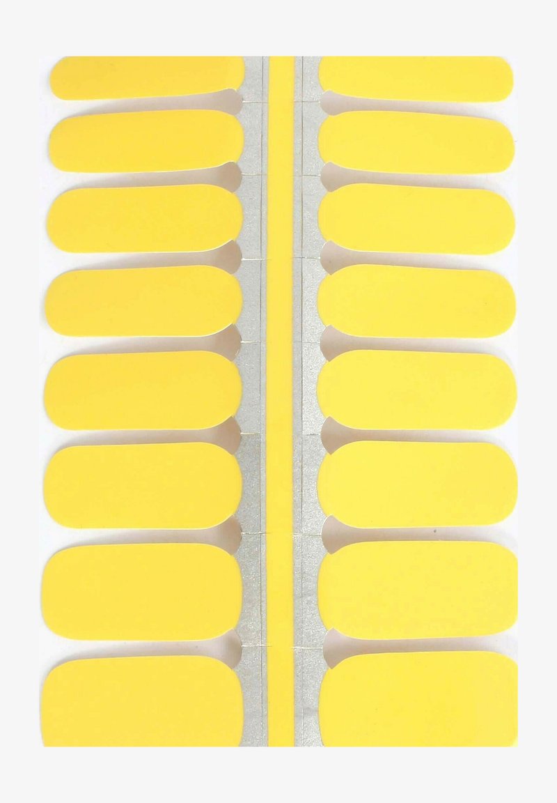 Gelbe Klebenägel, angeordnet in zwei Reihen, mit abgerundeten Kanten, einer glatten Oberfläche und einem glänzenden Finish. Silberne Rückseite sichtbar.