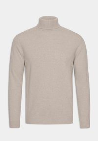 Hellbeiger Rollkragenpullover aus weichem Strickmaterial. Mit geripptem Kragen, Bündchen und Saum sowie einer enganliegenden Silhouette.