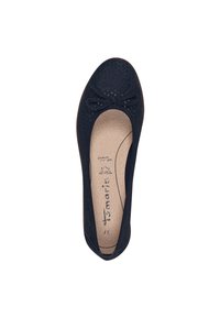 Navy blue ballet flat made of perforated material, featuring a rounded toe and a bow accent at the front, with a textured insole.