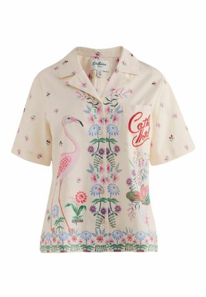 Chemise courte crème à boutons avec flamant rose, fleurs colorées et texte rouge "Cath Kidston" sur la poche avant.