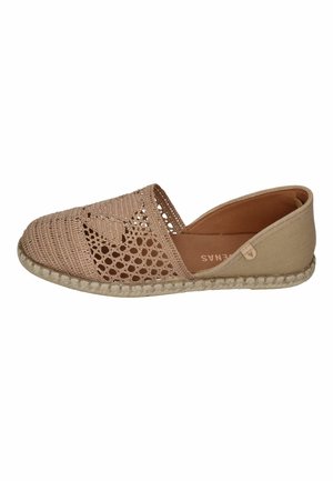 Light brown woven slip-on espadrille with open crochet pattern on upper and braided jute sole.