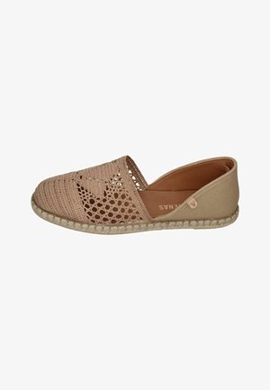 Light brown woven slip-on espadrille with open crochet pattern on upper and braided jute sole.