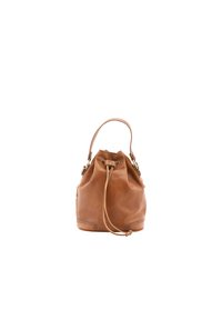 Borsa a secchiello in pelle marrone con chiusura a stringa, forma curvilinea, manico superiore singolo e minimi dettagli hardware.