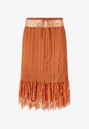 Naborana narančasta suknja s čipkastim pojasom i čipkastim rubom, s vezicom za zatvaranje i teksturiranom završnom obradom. Duljina pada iznad koljena.