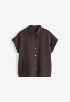 Donkerbruine korte mouwen blouse met knopen en kraag, gemaakt van linnen stof, plat weergegeven op een witte achtergrond.