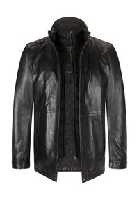 Schwarze Lederjacke mit Reißverschluss vorne, hohem Kragen und gesteppter Fütterung. Verfügt über zwei Seitentaschen und eine glatte, glänzende Textur.