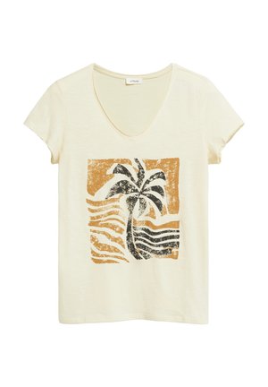 Kremowa koszulka z krótkim rękawem i dekoltem w kształcie litery V, z grafiką zużytej palmy na czarnym tle z pomarańczowym prostokątem.