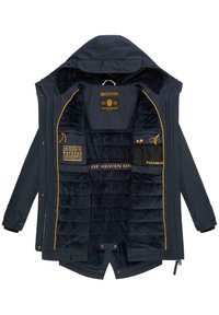 Navy winter jacket made of water-resistant fabric, featuring a soft fleece lining, zippered pockets, and yellow accent stitching.