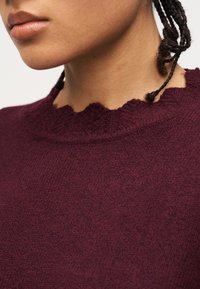 Κοντινό πλάνο του λαιμού και του κάτω μέρους του προσώπου με πλεγμένα μαλλιά, φορώντας ένα μαρουν πλεκτό πουλόβερ με ντεκολτέ σε σχήμα κυματιστού.