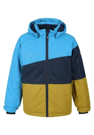 Children's winter jacket with a hood, featuring color blocks in light blue, navy blue, and mustard yellow, front zipper closure.
