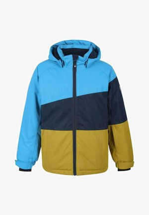 Lasten talvitakki, jossa huppu ja väriblokit vaaleansinisessä, tummansinisessä ja sinapinkeltaisessa, edessä vetoketjusuljenta.