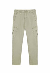 Pantalones de cargo color caqui, fabricados en una mezcla de algodón, que cuentan con dos bolsillos laterales, cierre de cremallera y un diseño de pierna recta.