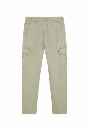 Pantalones de cargo color caqui, fabricados en una mezcla de algodón, que cuentan con dos bolsillos laterales, cierre de cremallera y un diseño de pierna recta.