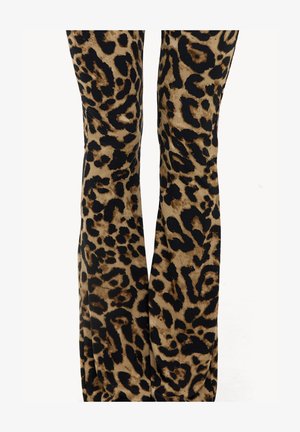 Pantalons évasés en imprimé léopard avec une texture douce et veloutée. Présente un mélange de motifs marron et noir sur un fond beige.