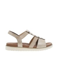 Sandali beige con design open toe, dotati di fasce elastiche e dettagli metallici, suola interna imbottita e suola in gomma leggera.