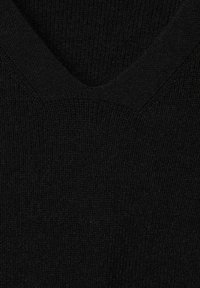 Black sweater with a v-neck design, ribbed texture, and fine-knit material. The fabric appears soft and uniformly dark throughout.