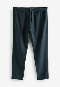 Dark green, lightweight pants with an elastic waistband, drawstring, and two side pockets. Features a straight cut and smooth texture.
