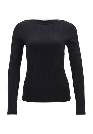 Haut à manches longues noir côtelé avec un col rond. Possède une coupe ajustée et un tissu texturé, offrant une silhouette près du corps.