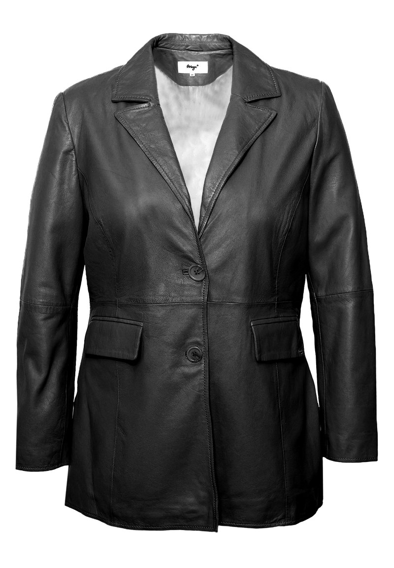 Zwarte leren blazer met een met notch uitgesneden kraag, twee voorkantenzakken en twee knopen. Glad textuur en aansluitend ontwerp.