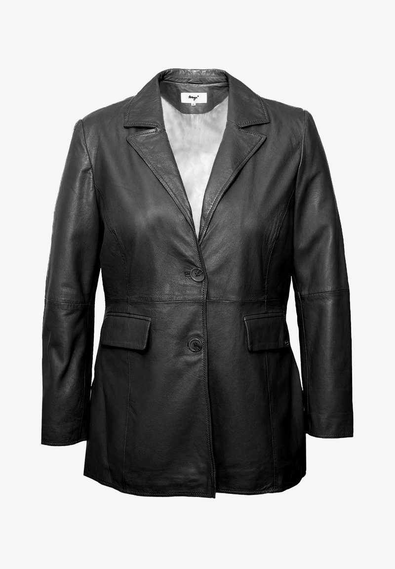 Zwarte leren blazer met een met notch uitgesneden kraag, twee voorkantenzakken en twee knopen. Glad textuur en aansluitend ontwerp.